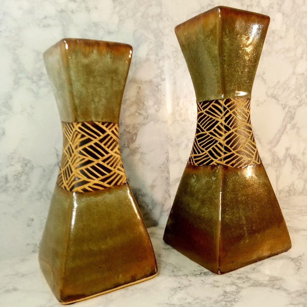 SOLD!! (1 Set) Large Stylish Green Ceramic Candle Holders w/Tribal Pattern